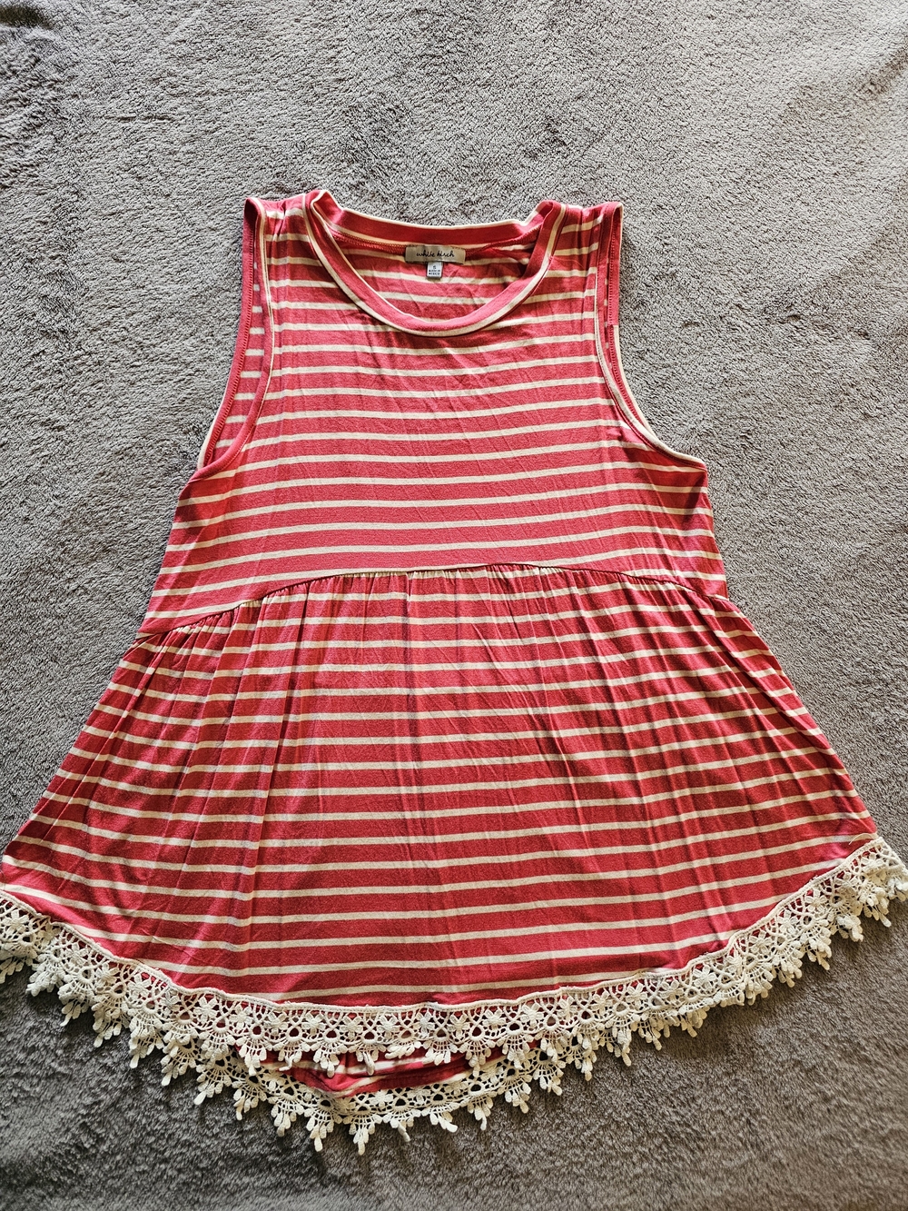 white birch Pink and Cream Striped Sleeveless Peplum Tank with Lace Hem